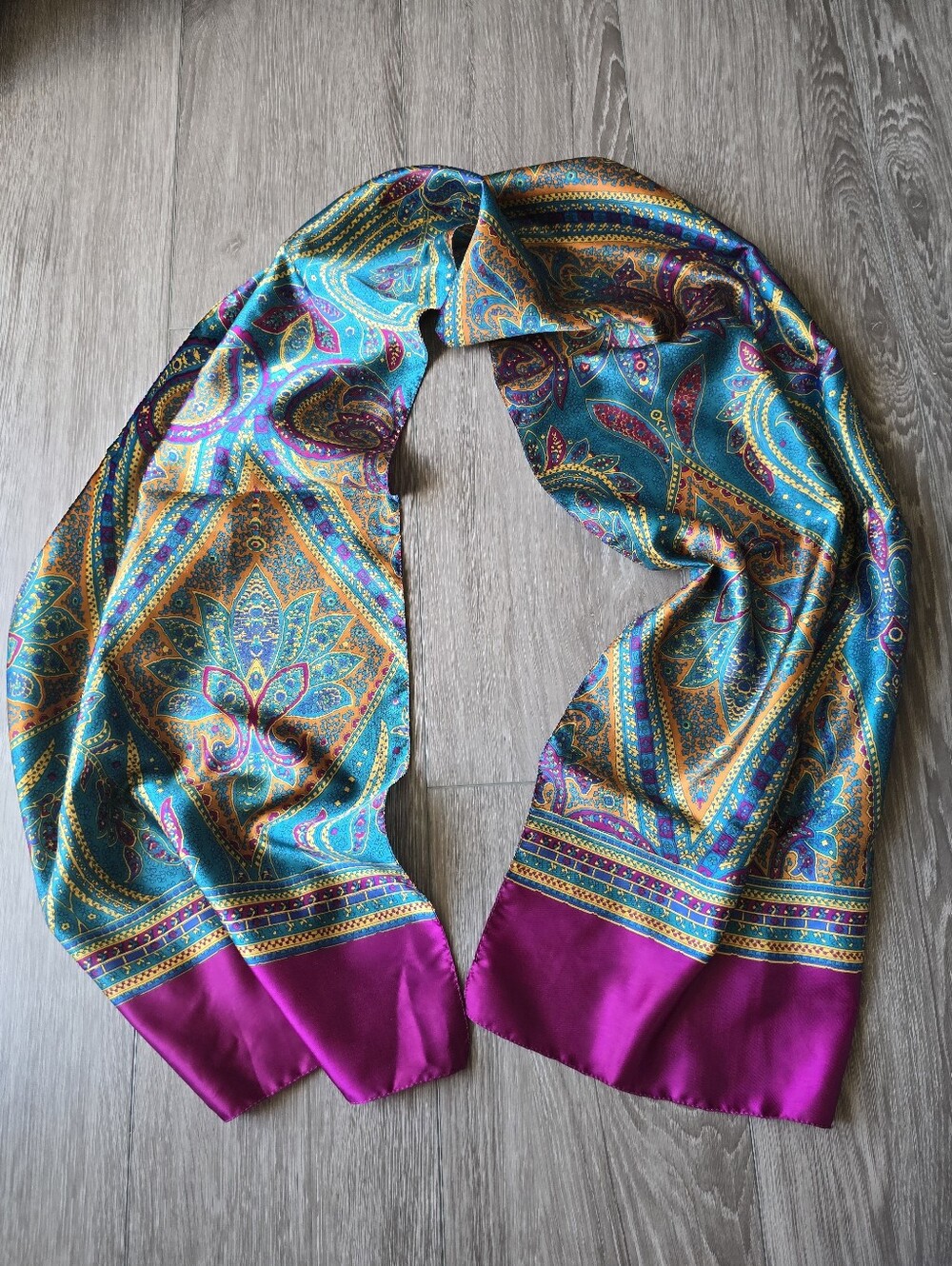 Vintage Units Paisley Scarf Wrap Teal Gold Magenta Jewel Tone Boho Italy